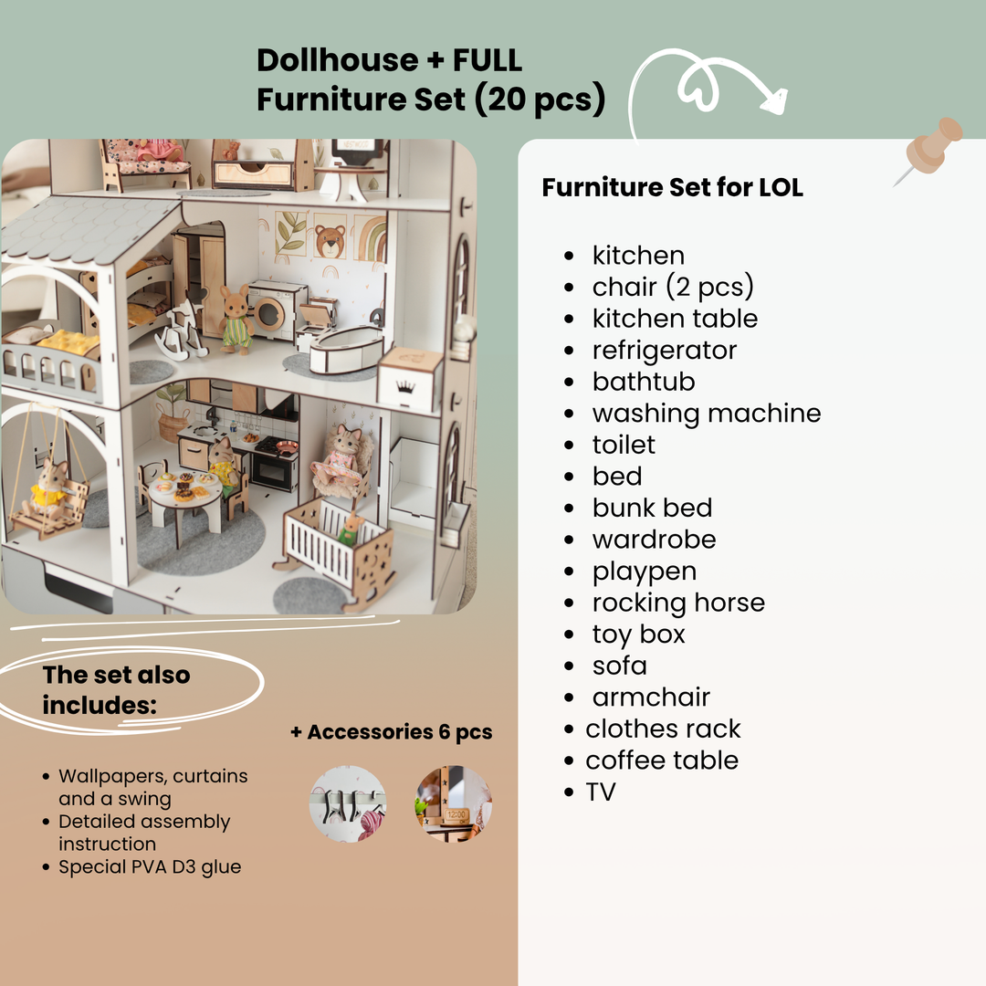Wooden dollhouse Smart House with organizer and elevator scale 1:12 NestWood Eco