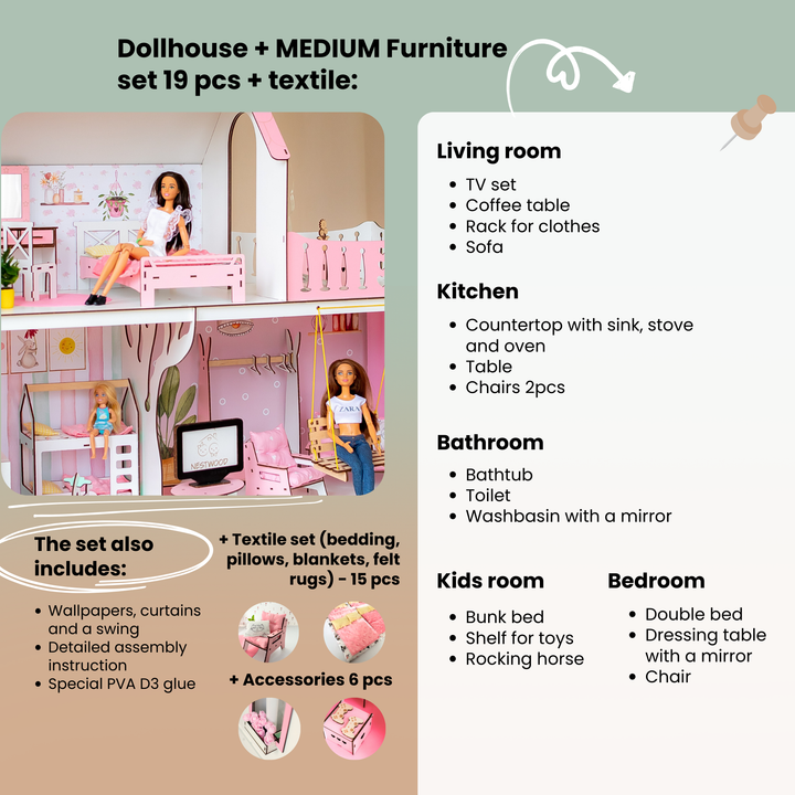 Wooden dollhouse Lux with organizer scale 1:6 NestWood pink