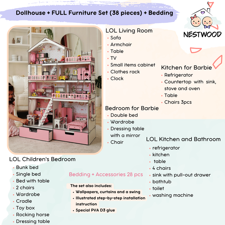 Wooden dollhouse Mansion scale 1:6 NestWood pink