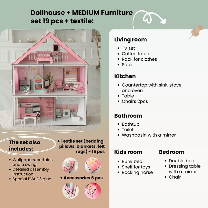Wooden dollhouse Fantasy scale 1:6 NestWood pink