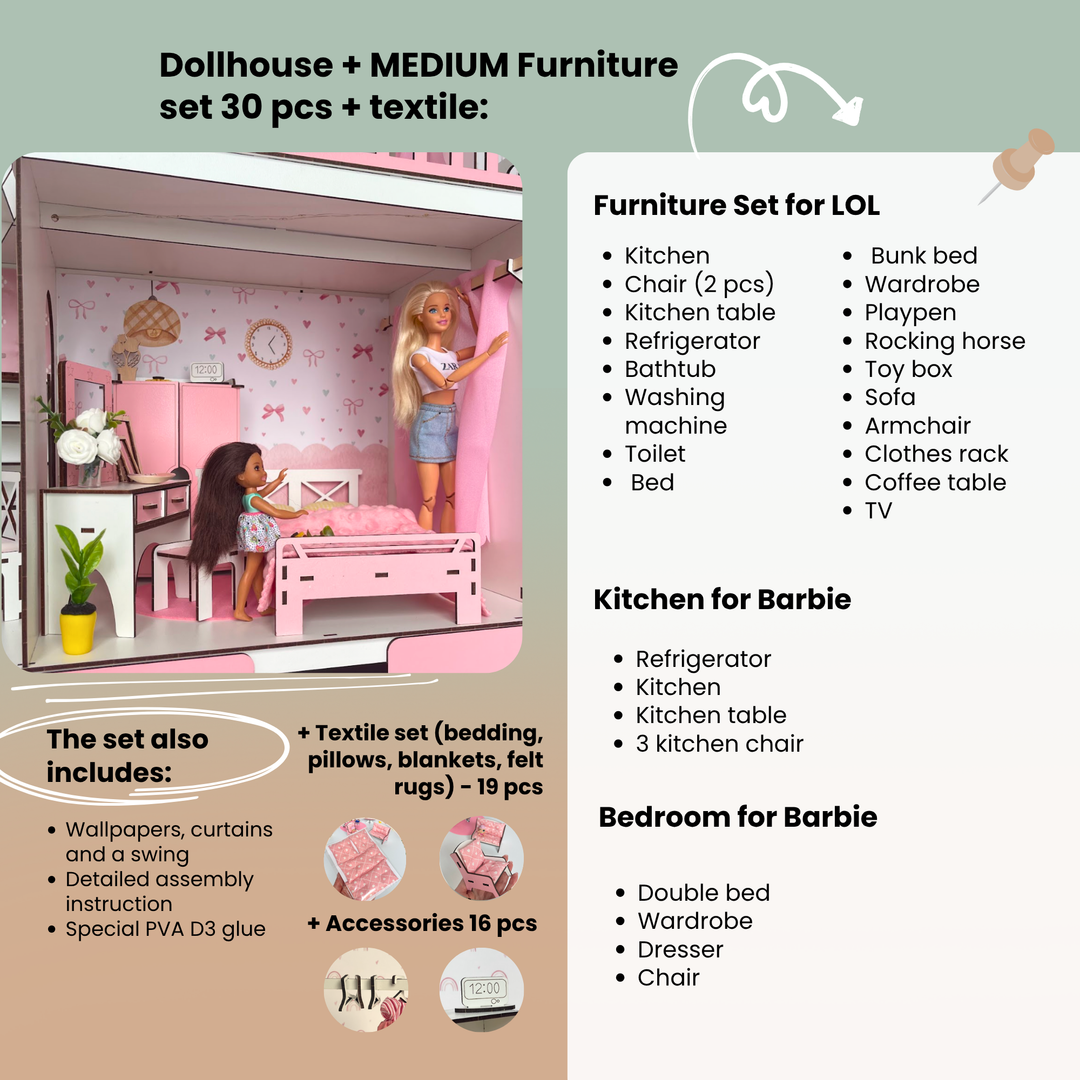 Wooden dollhouse Mansion scale 1:6 NestWood pink