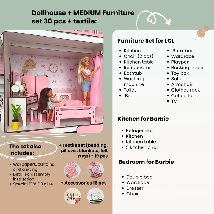 Wooden dollhouse Mansion scale 1:6 NestWood pink