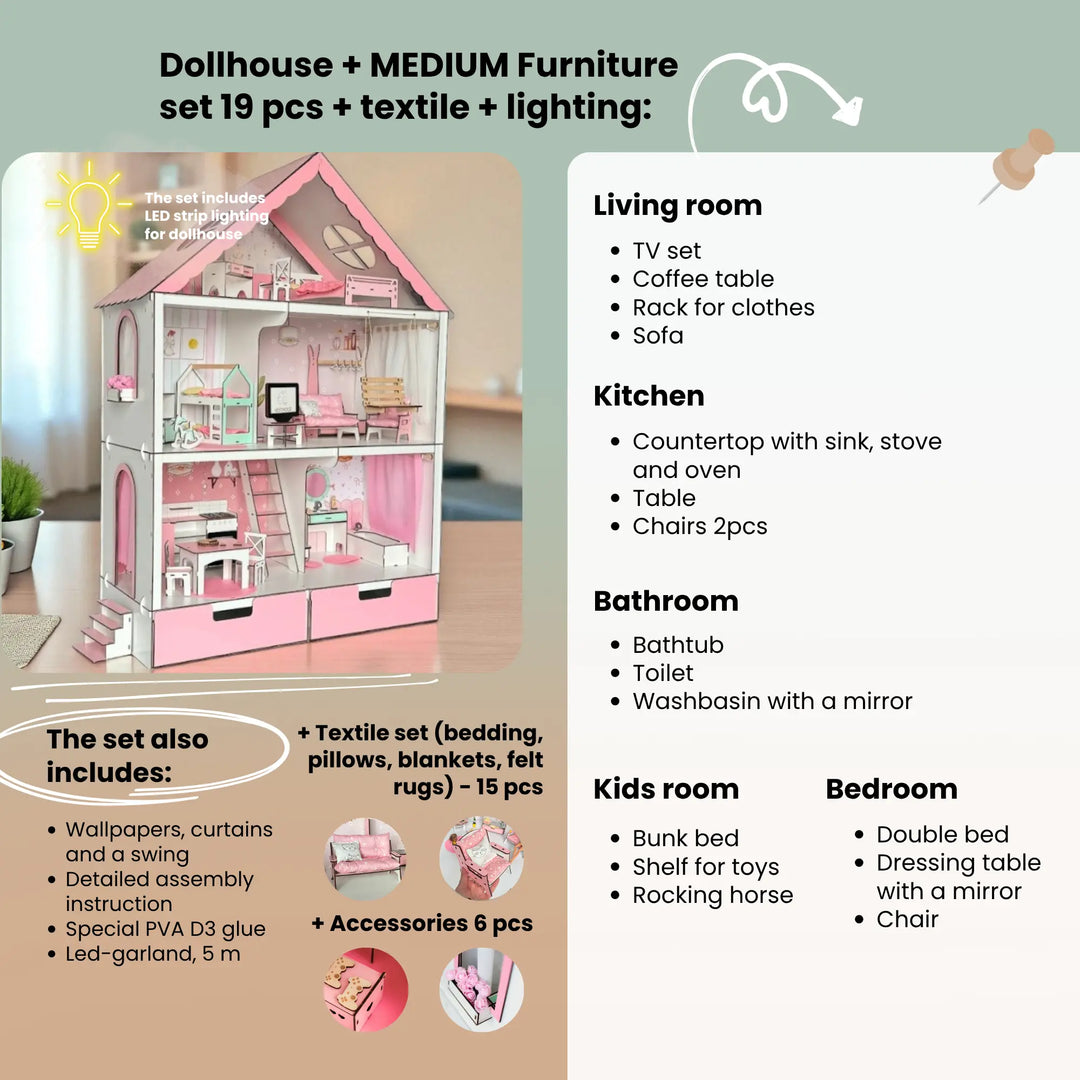 Wooden dollhouse Fantasy with organizer scale 1:6 NestWood pink