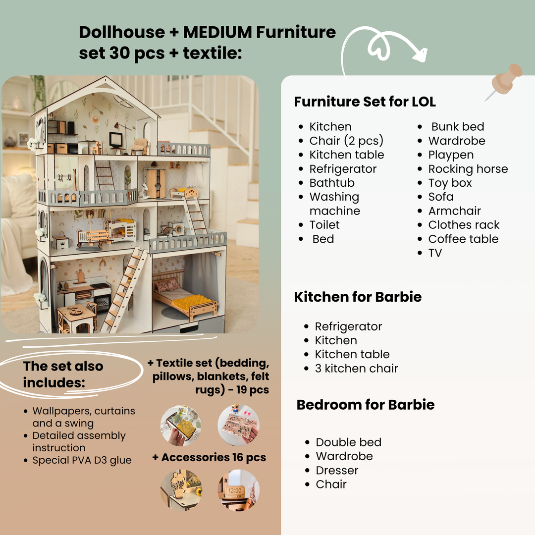Dollhouse with furniture set and text detailing included items