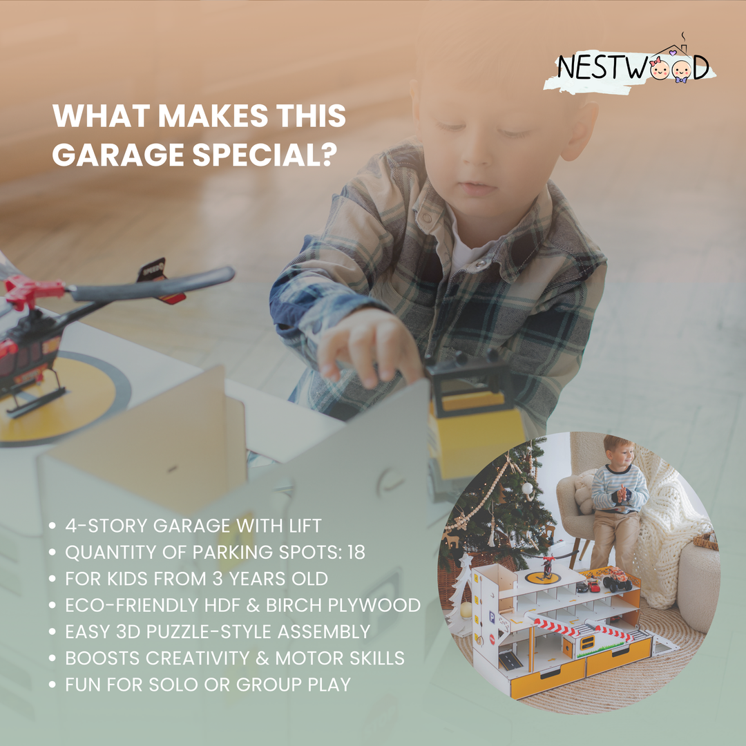 Toy garage parking with elevator and organizer scale 1:6 NestWood Maxi