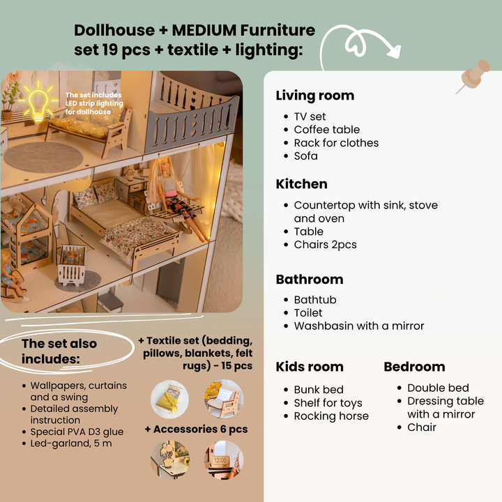 Wooden dollhouse Lux with organizer, balcony and terrace scale 1:6 NestWood Eco