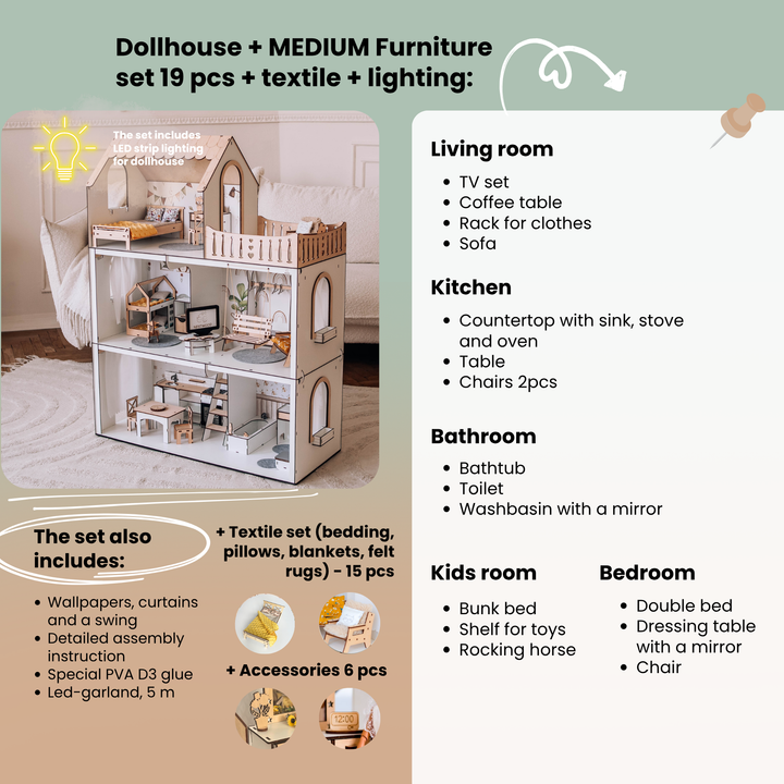 Wooden dollhouse Lux Light scale 1:6 NestWood Scandi