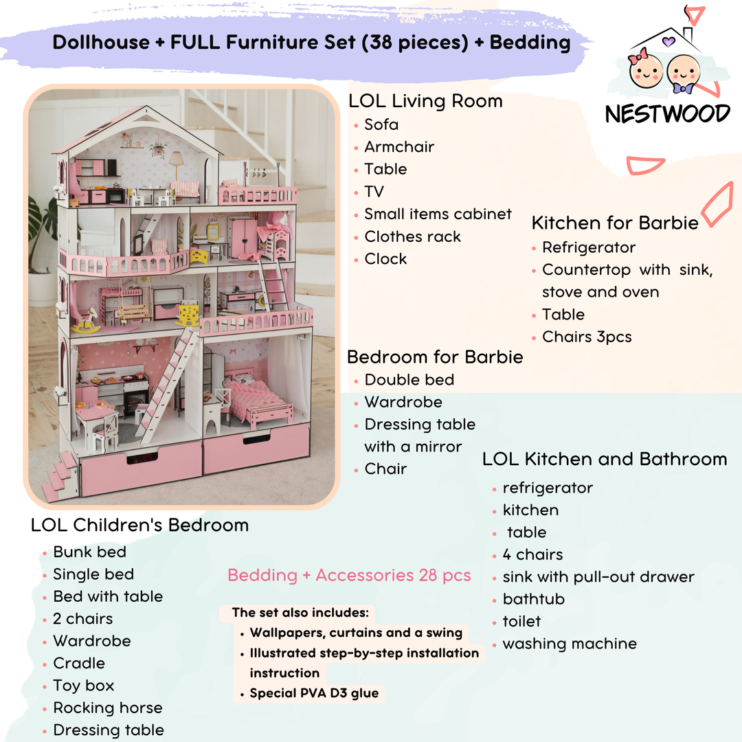 Wooden dollhouse Mansion scale 1:6 NestWood pink