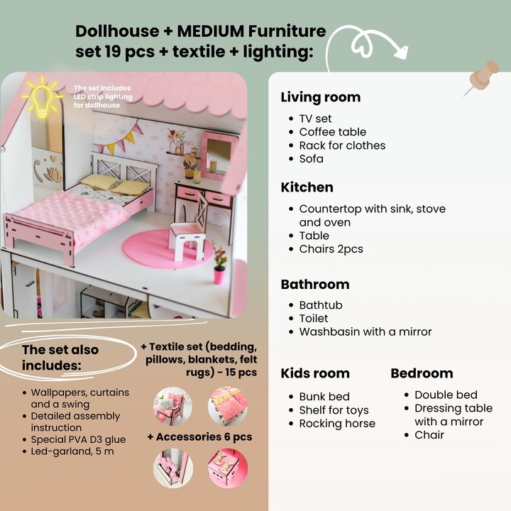 Wooden dollhouse Lux Light scale 1:6 NestWood pink