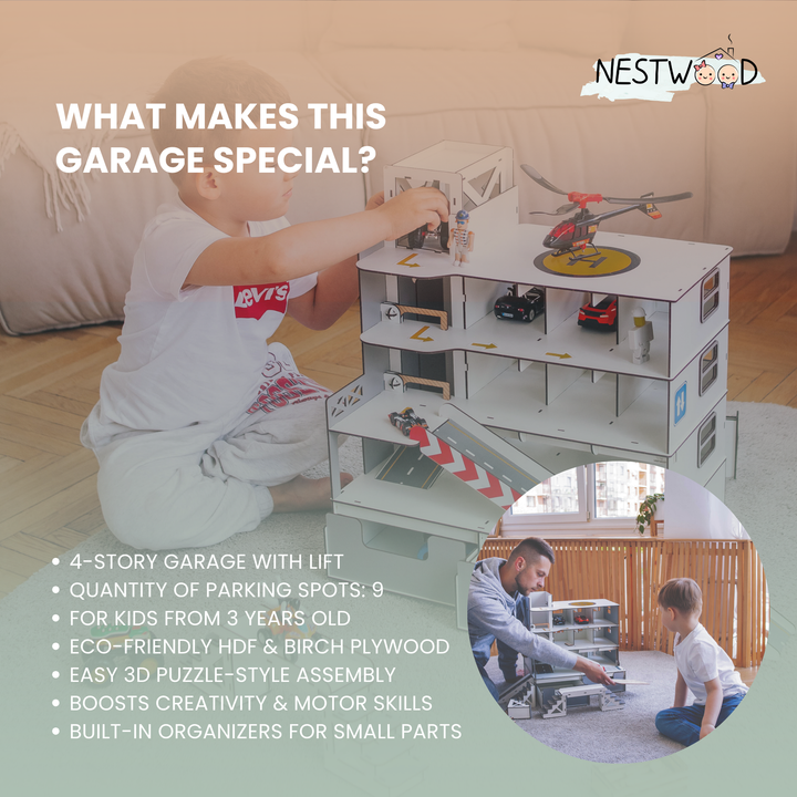 Car garage 9 parking spots with storage boxes and lift grey scale 1:6 NestWood