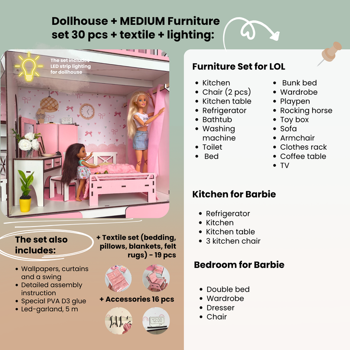Wooden dollhouse Mansion scale 1:6 NestWood pink