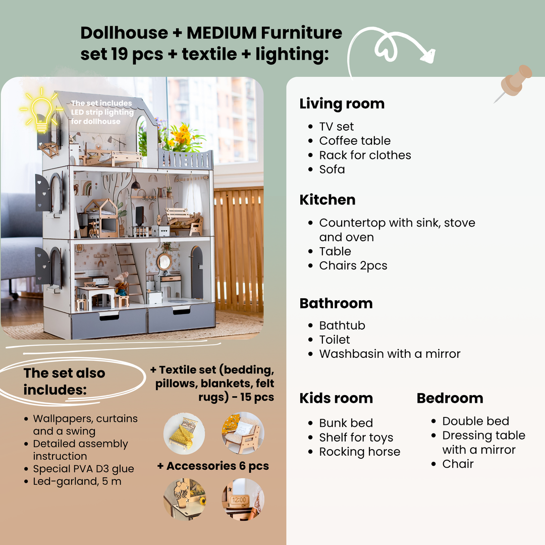 Wooden dollhouse Lux with organizer scale 1:6 NestWood Eco