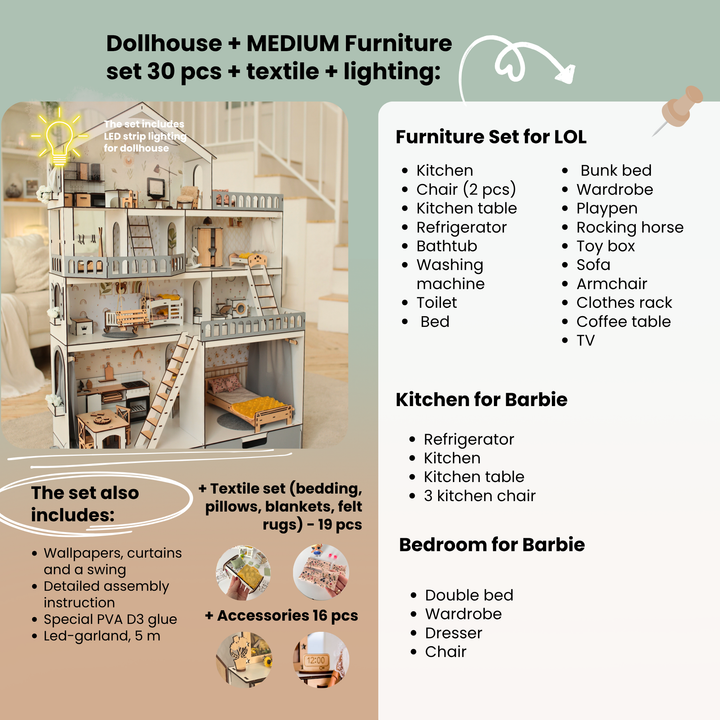 Wooden dollhouse Mansion scale 1:6 NestWood Eco