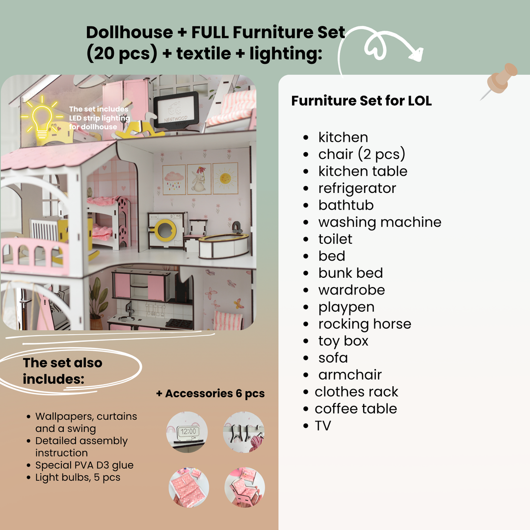 Wooden dollhouse Smart House with organizer and elevator scale 1:12 NestWood Pink
