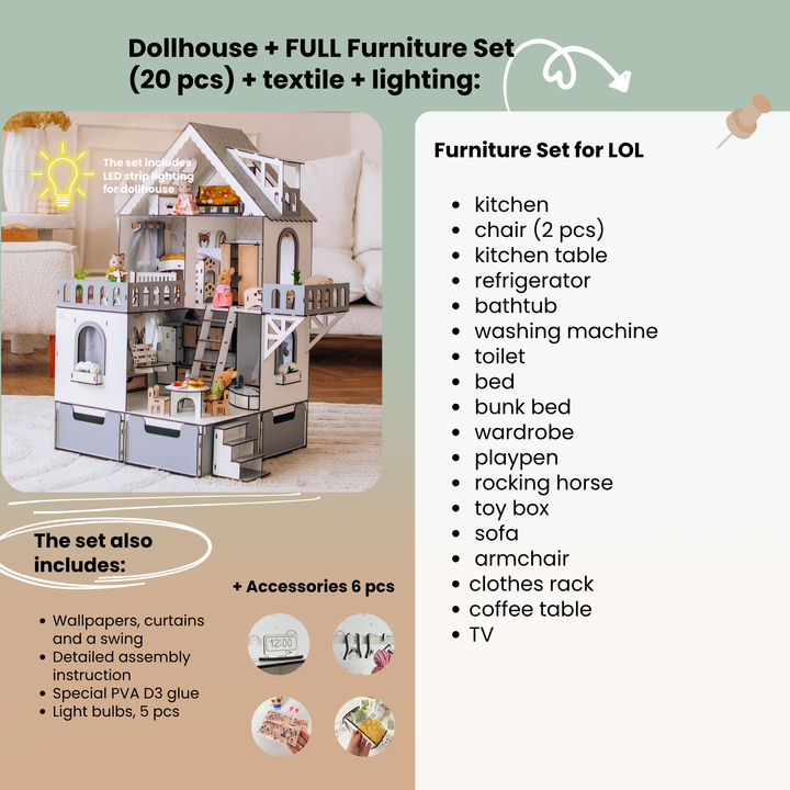 Wooden dollhouse Mini cottage with organizer scale 1:12 NestWood Eco