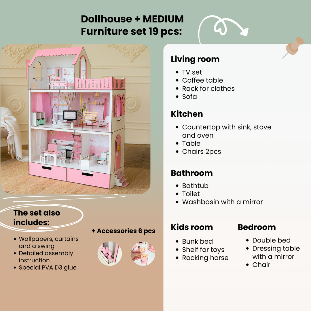 Wooden dollhouse Lux with organizer scale 1:6 NestWood pink
