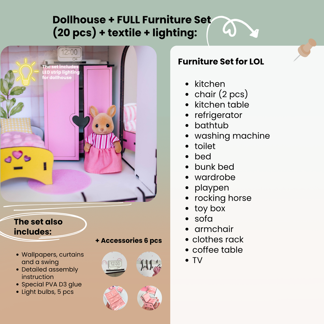Wooden dollhouse Mini cottage with organizer scale 1:12 NestWood Pink