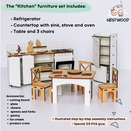 Wooden Dollhouse Furniture Kitchen for Children Safe Natural NESTWOOD