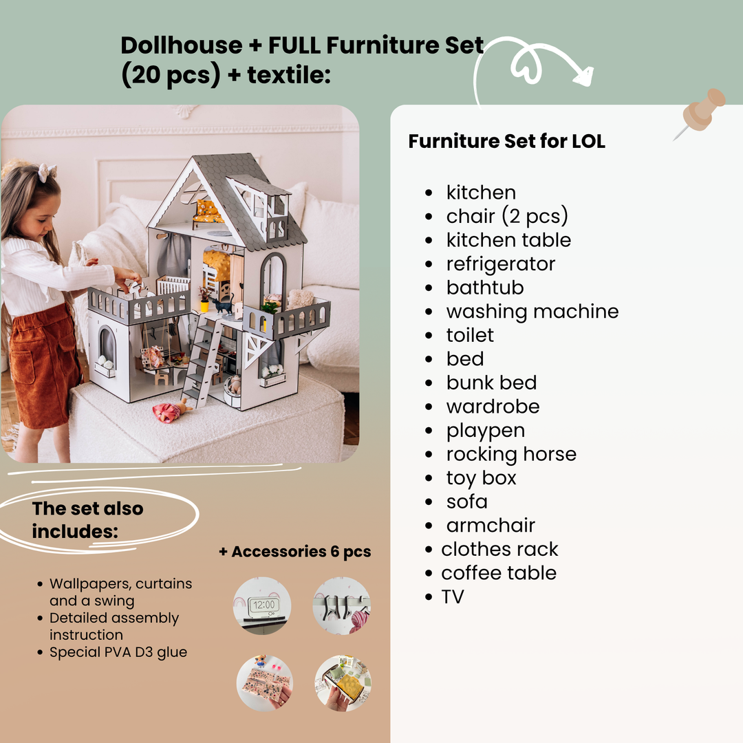 Wooden dollhouse Mini cottage scale 1:12 NestWood Eco