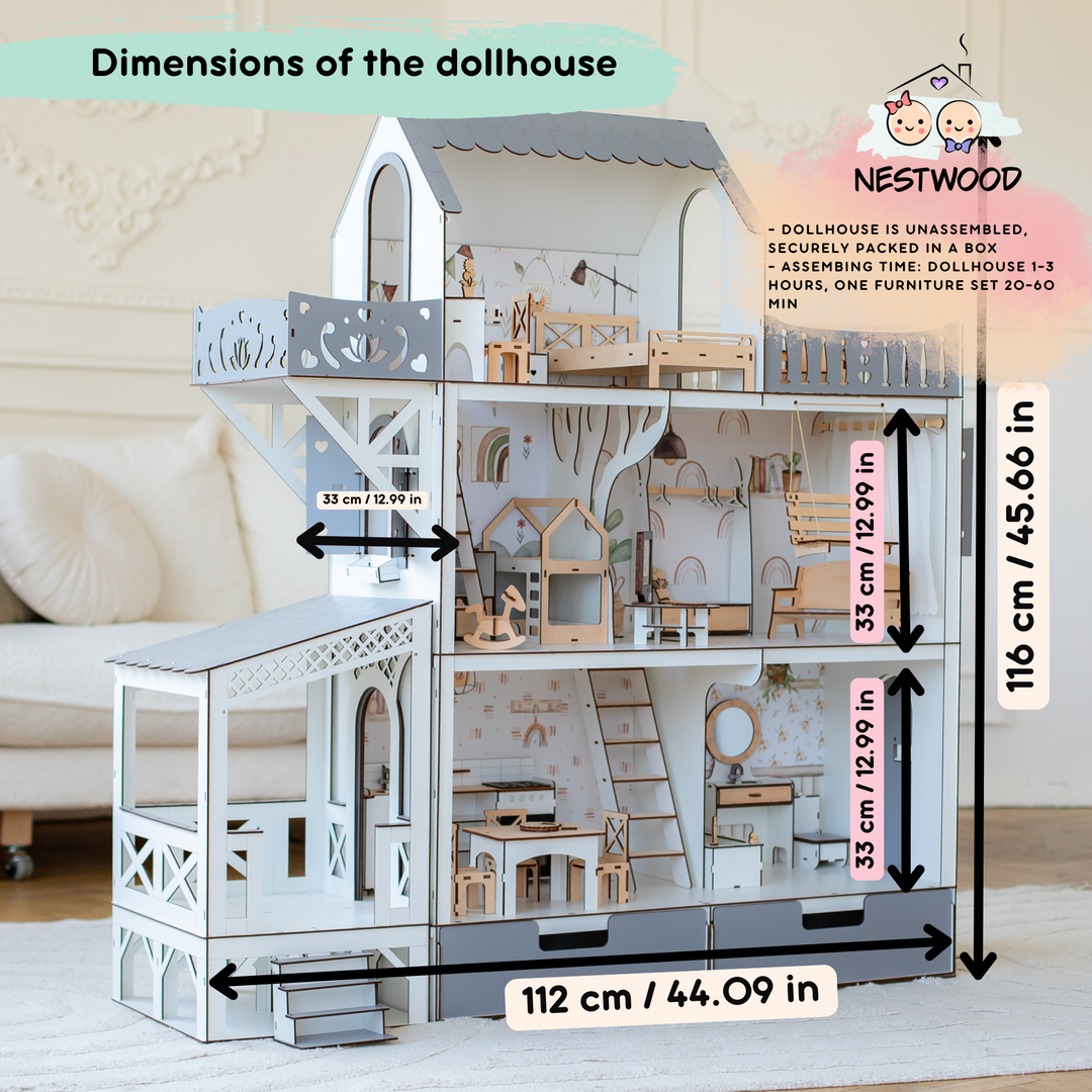 Wooden dollhouse Lux with Lights scale 1:6 NestWood Eco