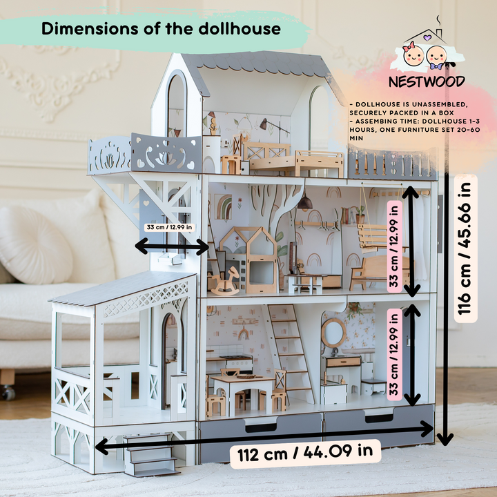 Wooden dollhouse Lux with Lights scale 1:6 NestWood Eco