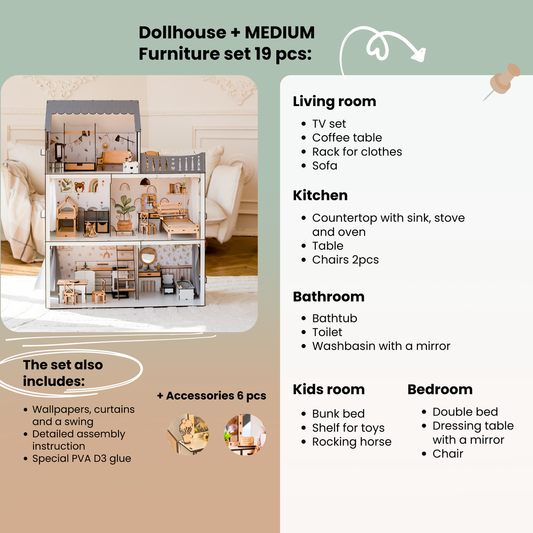 Wooden dollhouse Lux Light scale 1:6 NestWood Eco