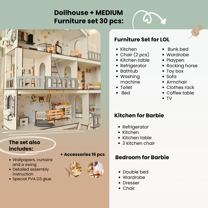 Wooden dollhouse Mansion scale 1:6 NestWood Eco