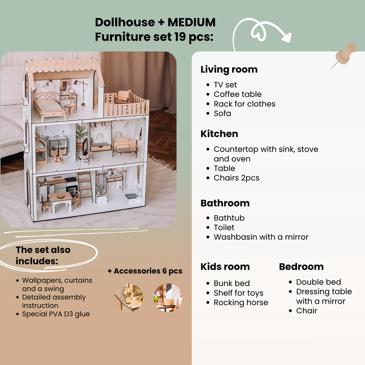 Wooden dollhouse Lux Light scale 1:6 NestWood Scandi