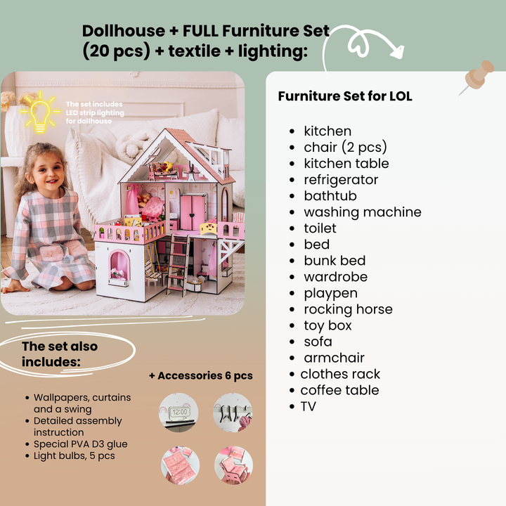 Wooden dollhouse Mini cottage scale 1:12 NestWood Pink