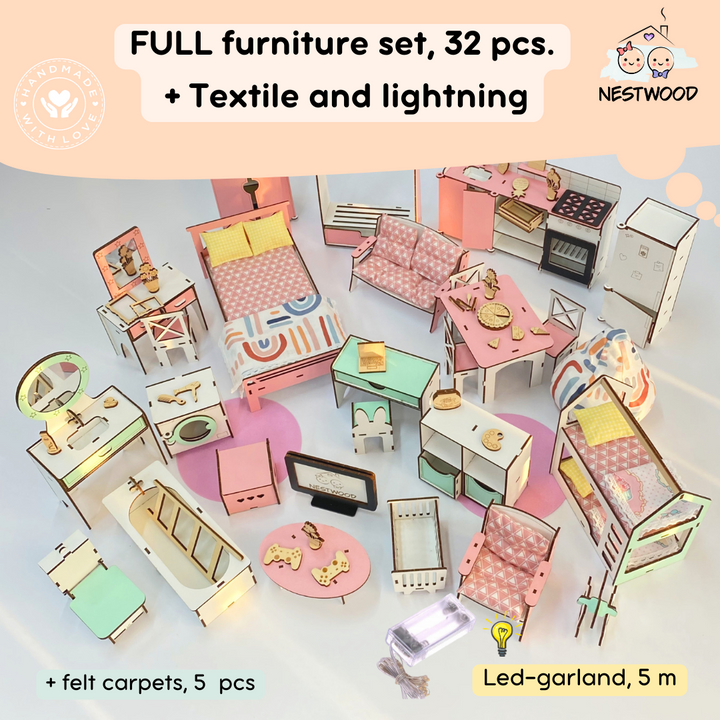 Wooden dollhouse Lux with organizer, balcony and terrace scale 1:6 NestWood pink