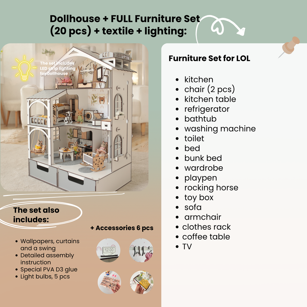 Wooden dollhouse Smart House with organizer and elevator scale 1:12 NestWood Eco