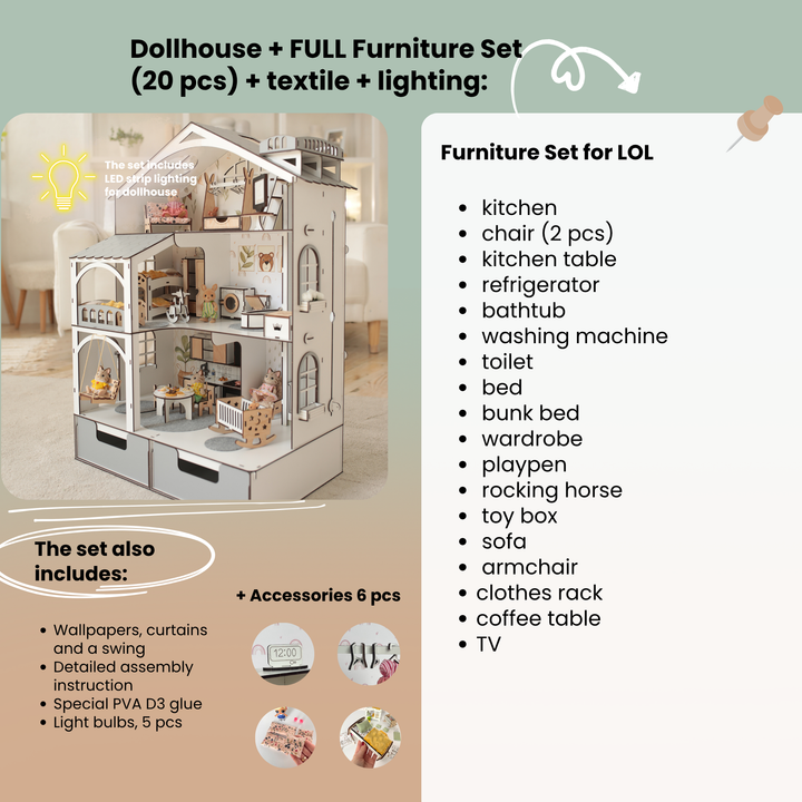 Wooden dollhouse Smart House with organizer and elevator scale 1:12 NestWood Eco