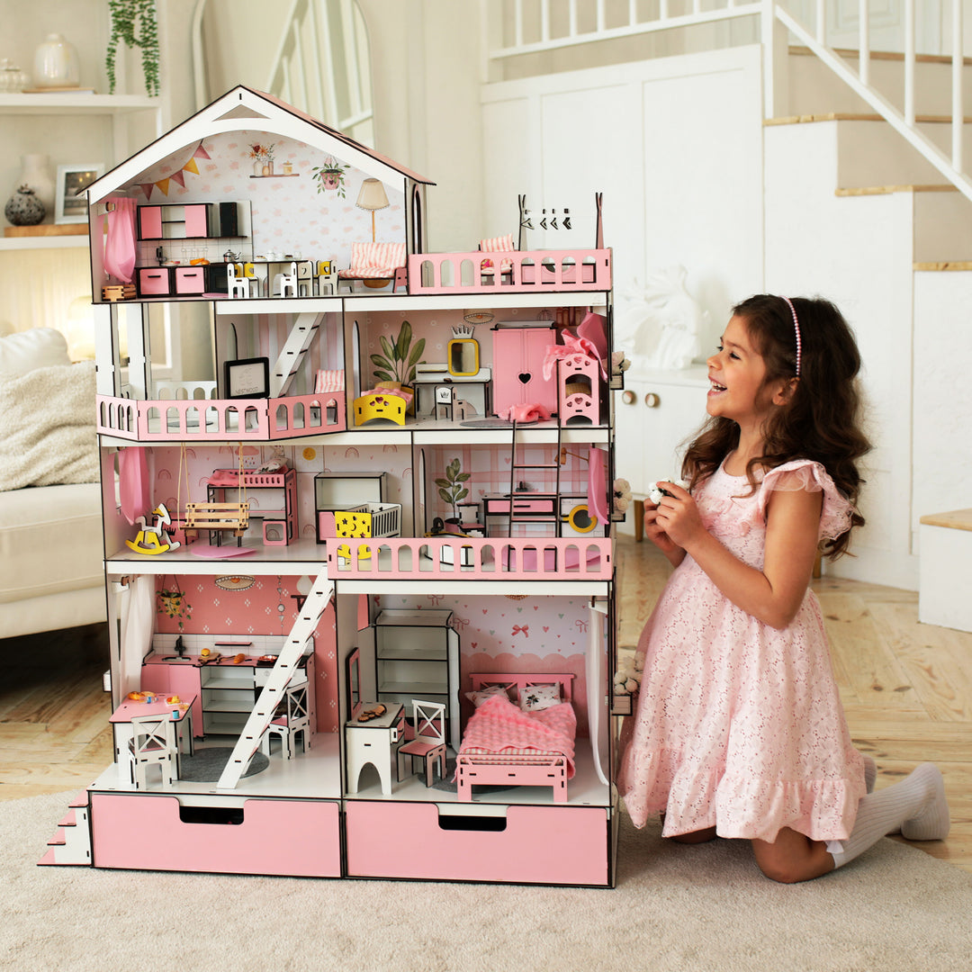 Wooden dollhouse Mansion scale 1:6 NestWood pink