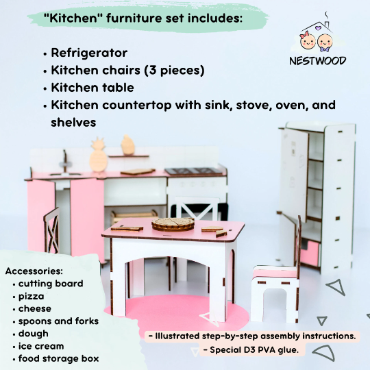 Wooden doll furniture Kitchen scale 1:6 NestWood Pink