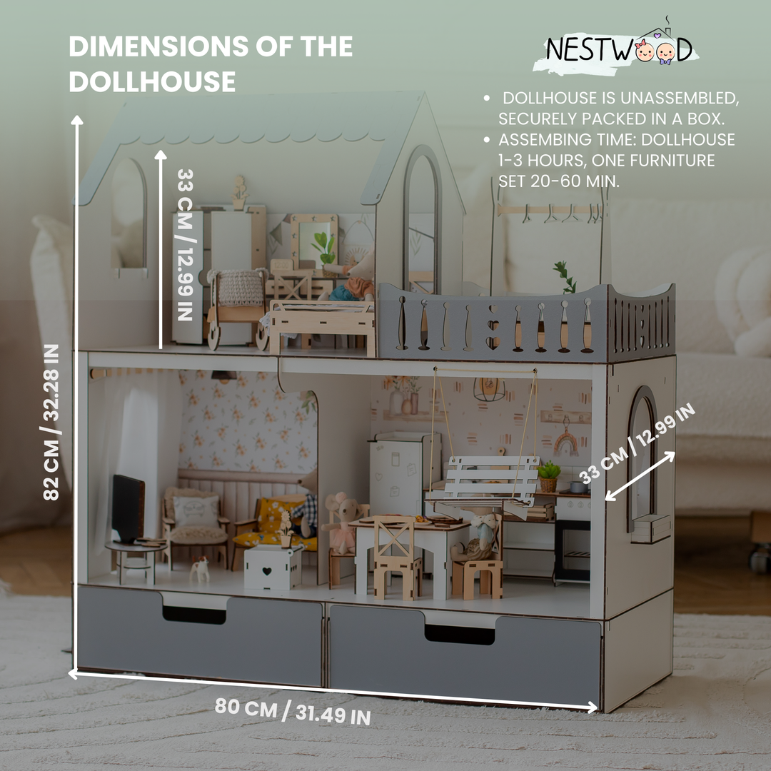 Puppenhaus Dream aus Holz mit Organizer im Maßstab 1:6 NestWood Eco