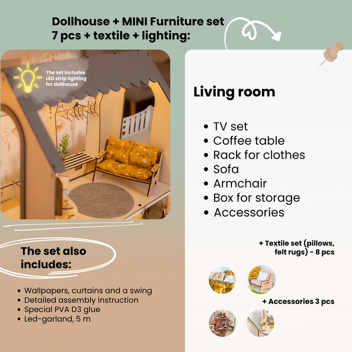 Wooden dollhouse Lux with organizer, balcony and terrace scale 1:6 NestWood Eco