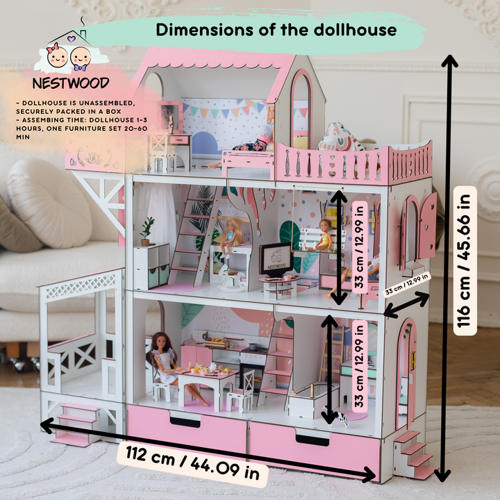 Wooden dollhouse Lux with organizer, balcony and terrace scale 1:6 NestWood pink