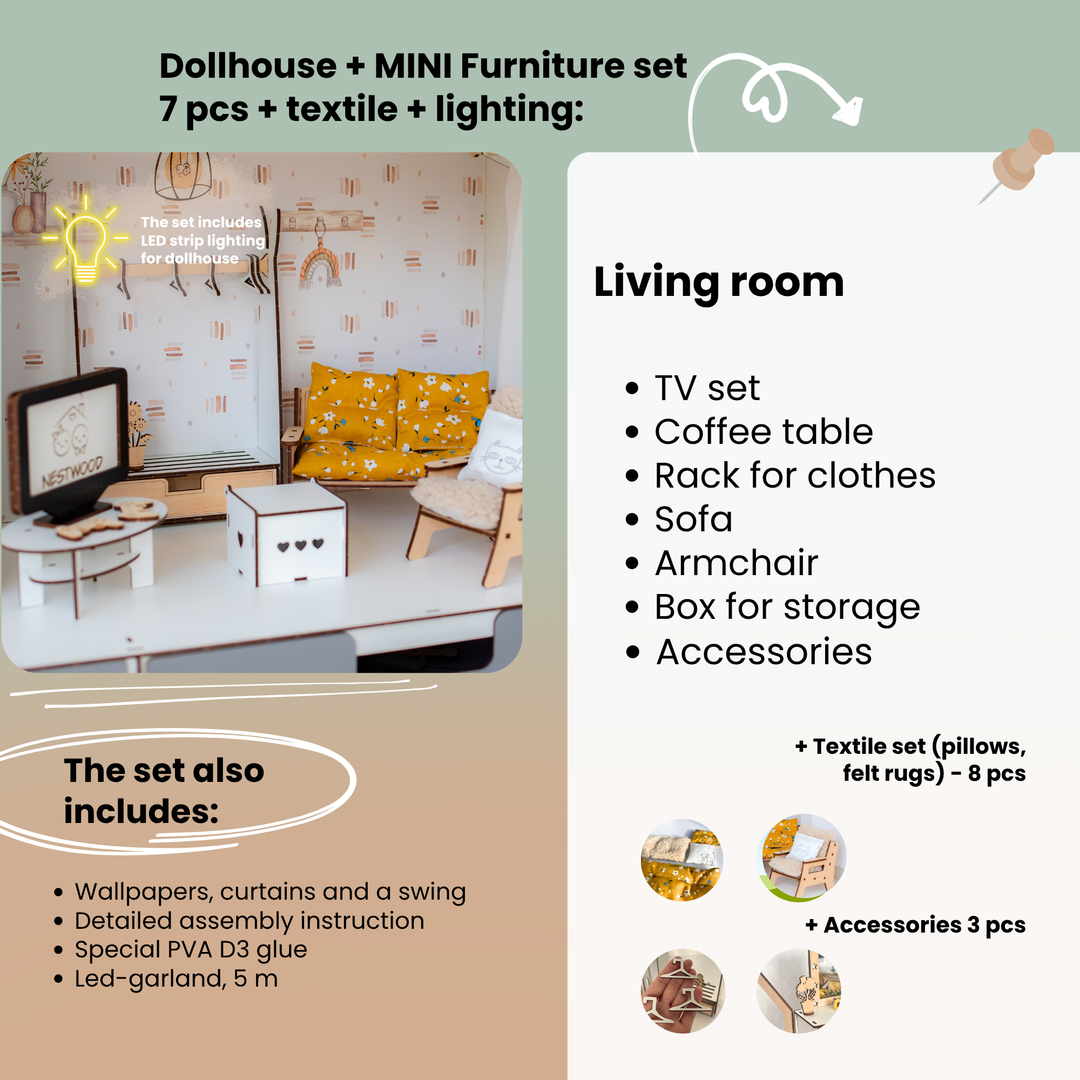 Wooden dollhouse Lux Light scale 1:6 NestWood Eco