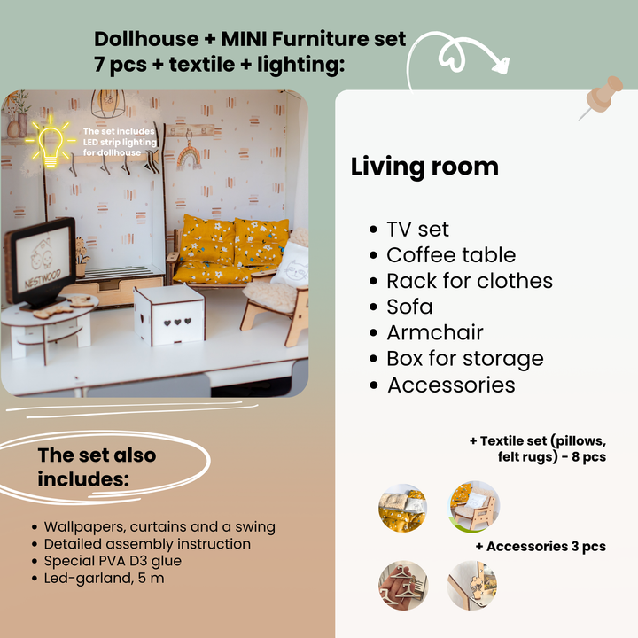 Wooden dollhouse Lux Light scale 1:6 NestWood Eco