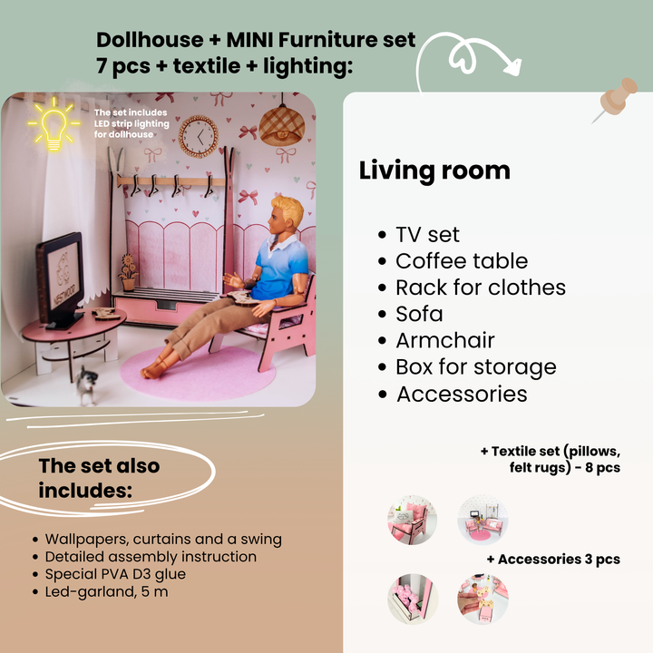 Wooden dollhouse Lux Light scale 1:6 NestWood pink