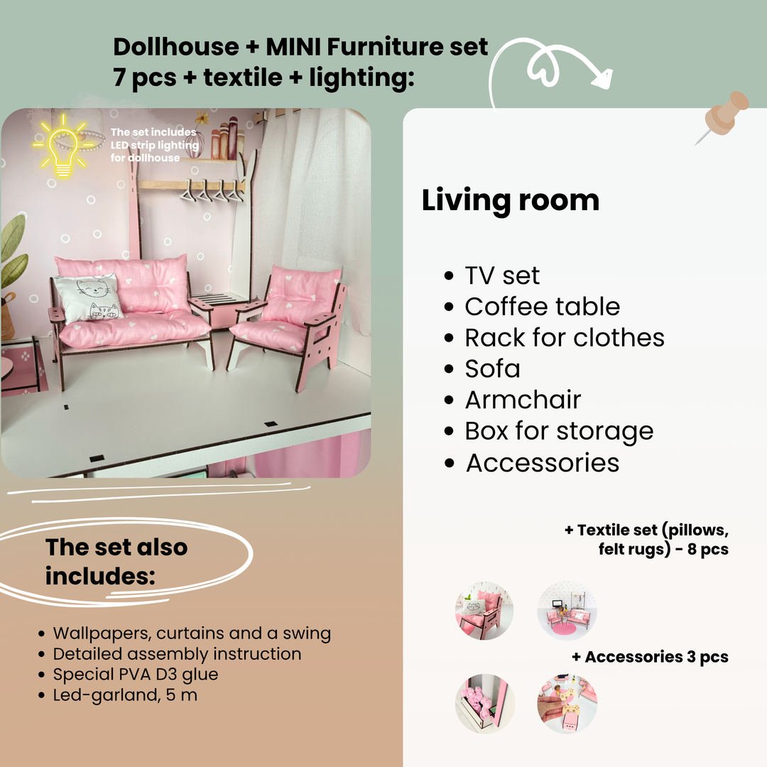 Wooden dollhouse Lux with organizer scale 1:6 NestWood pink