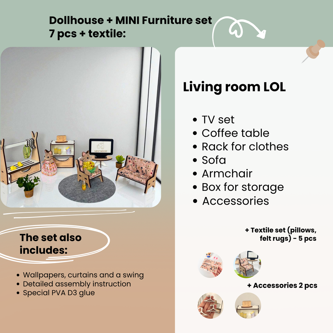 Dollhouse living room set with furniture and text detailing included items.