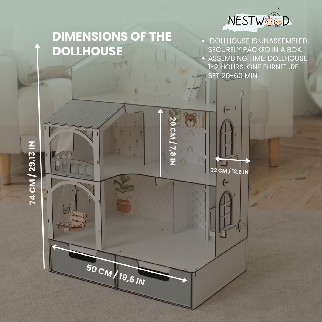 Wooden dollhouse Smart House with organizer and elevator scale 1:12 NestWood Eco