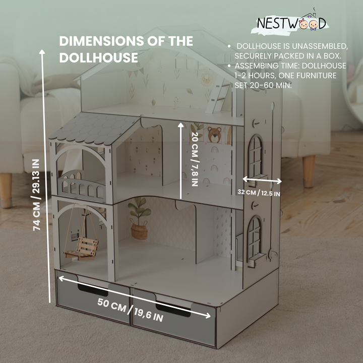Wooden dollhouse Smart House with organizer and elevator scale 1:12 NestWood Eco