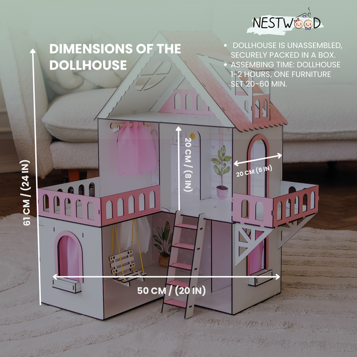 Wooden dollhouse Mini cottage scale 1:12 NestWood Pink