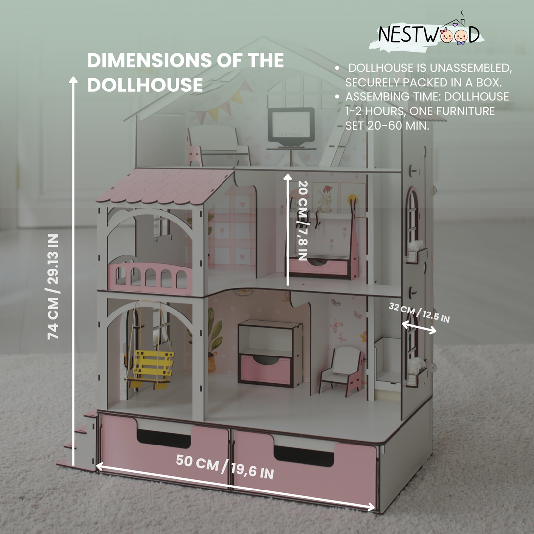 Wooden dollhouse Smart House with organizer and elevator scale 1:12 NestWood Pink
