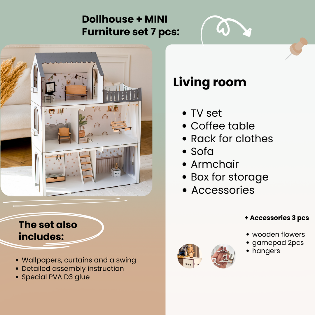 Wooden dollhouse Lux Light scale 1:6 NestWood Eco