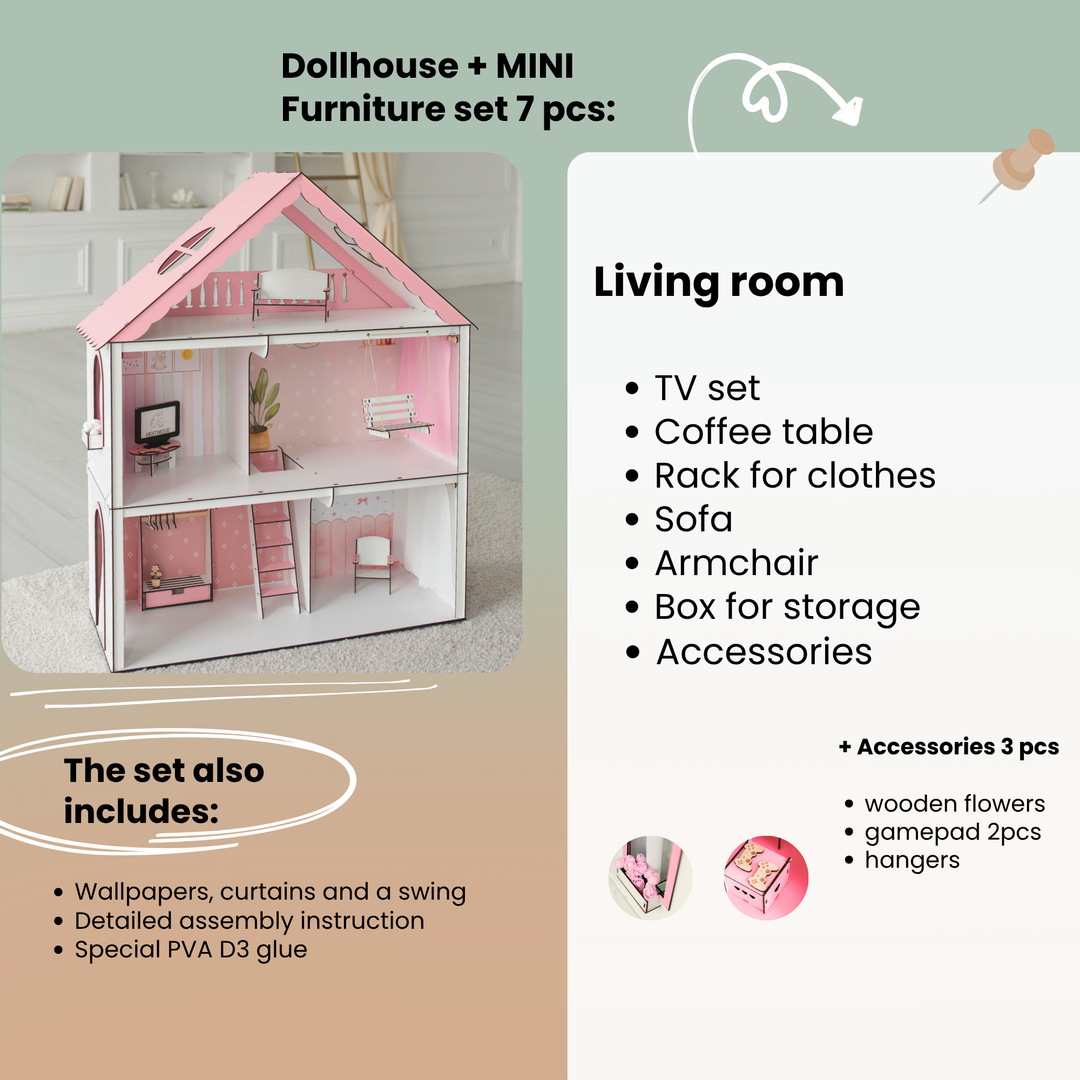 Wooden dollhouse Fantasy scale 1:6 NestWood pink