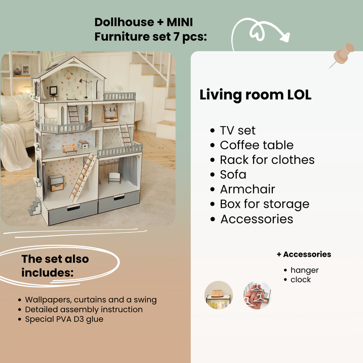 Wooden dollhouse Mansion scale 1:6 NestWood Eco