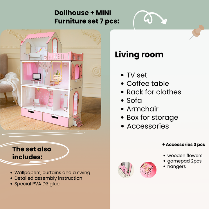 Wooden dollhouse Lux with organizer scale 1:6 NestWood pink